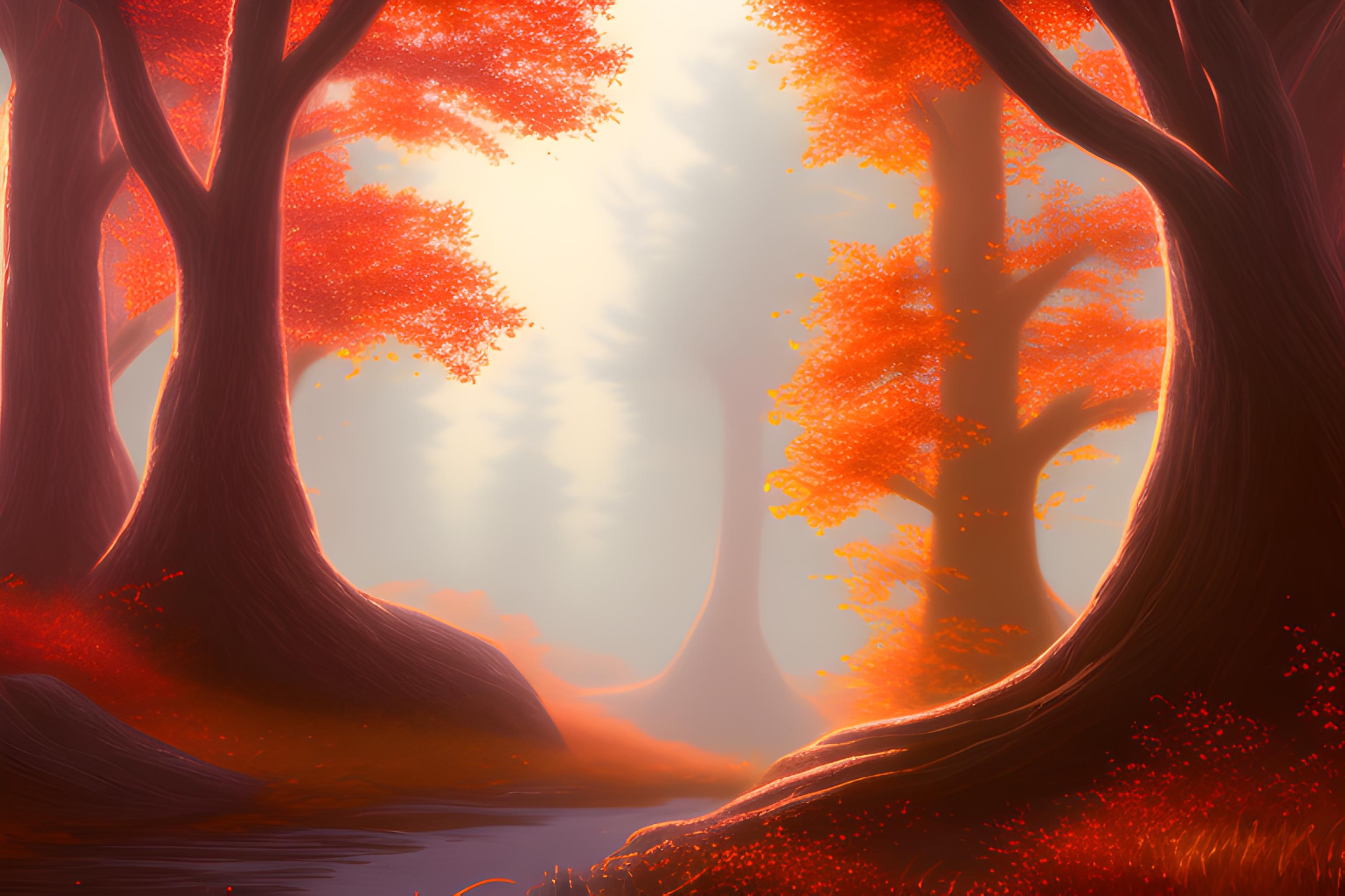 autumn forest with red foliage, in the evening and in pixel art